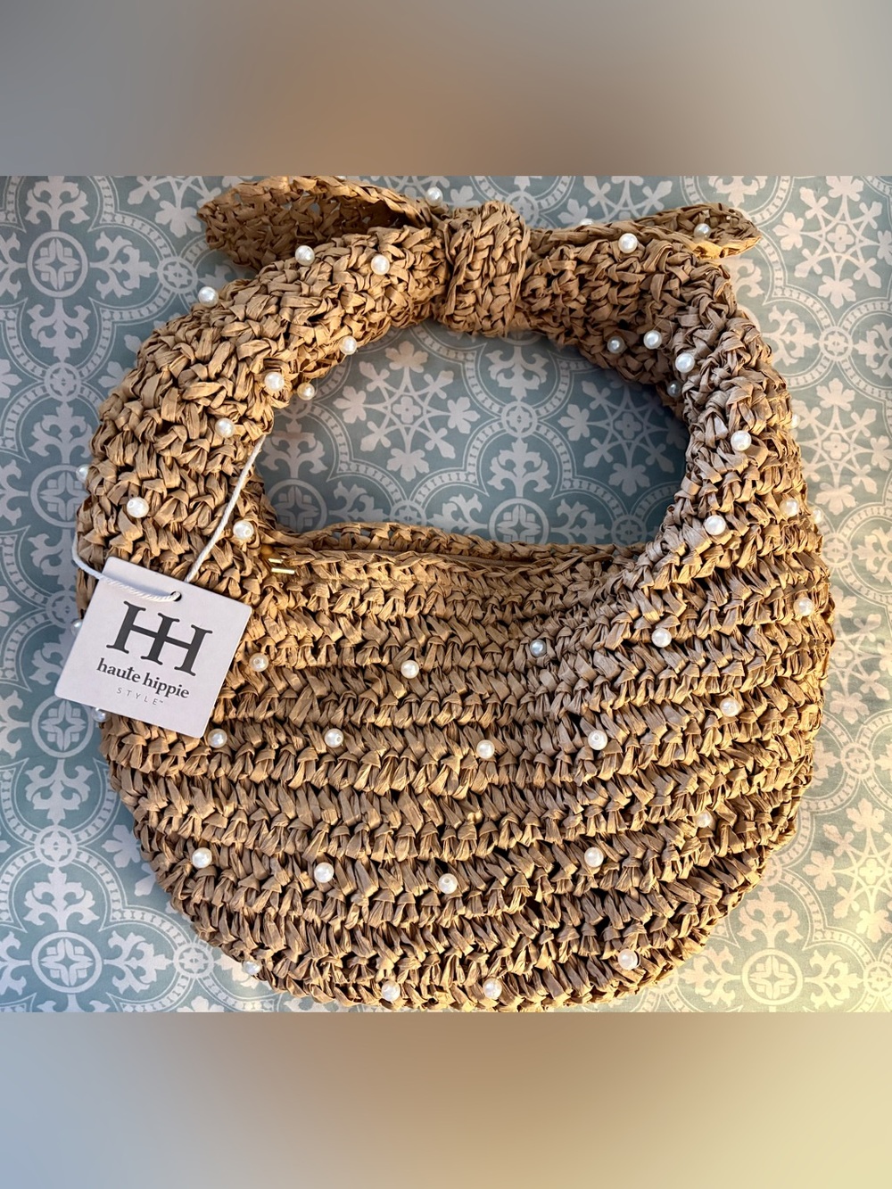 Haute Hippie Natural Raffia Knot-Handle Bag with Pearl Accents NWT